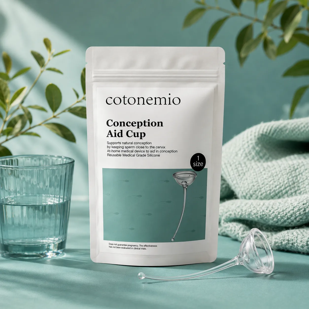 Cotonemio conception aid cup on teal surface