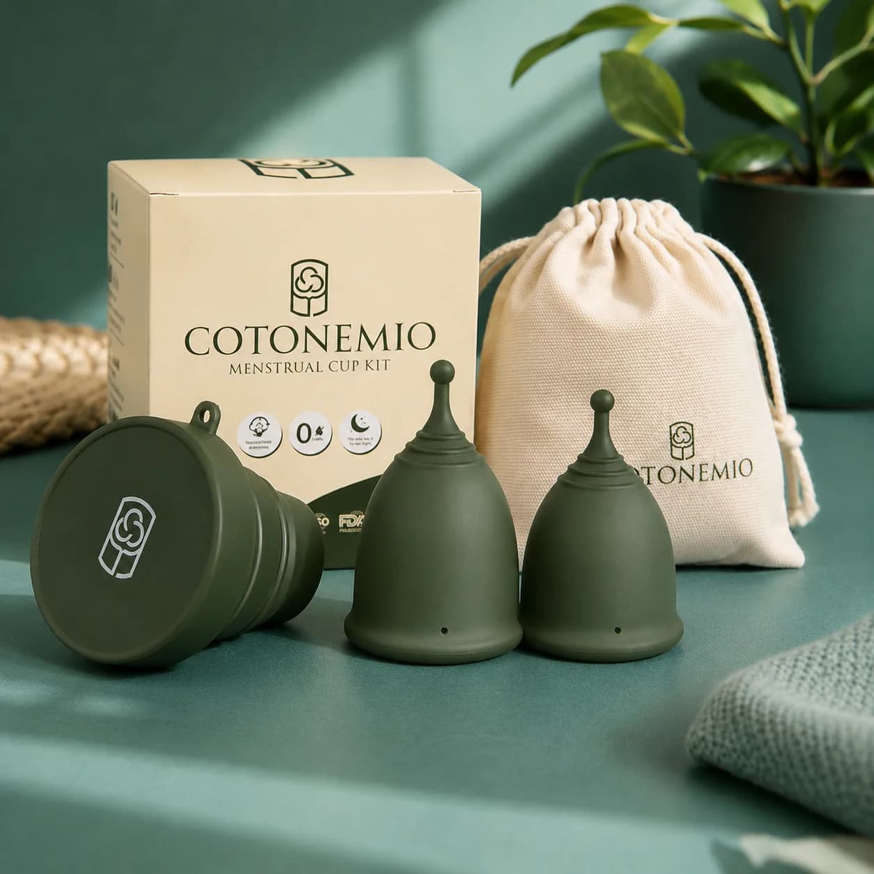 Forest green Cotonemio menstrual cup Set lifestyle photo